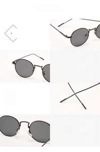 Detail shots of round metal frame sunglasses showing hinges, nose pads and temples