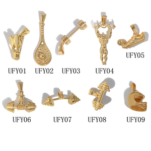 Golden stainless steel sports pendants featuring dumbbells, rackets, and helmets set
