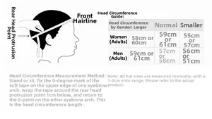 Size guide for baseball cap showing head measurement steps and circumference chart