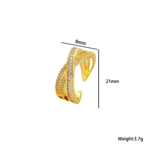 Double layered gold crossover ring with cubic zirconia micro-pave and adjustable opening