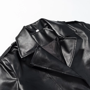 Long black faux leather trench coat with notched lapels and shoulder epaulettes detail