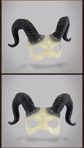 Detail of white devil skull mask with black horns for Halloween cosplay and masquerade
