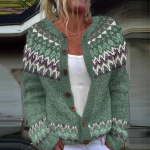 Cardigan da donna verde con stampa 3D geometrica vintage e bottoni marroni rotondi