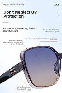 Close-up of polarized TAC lenses and elegant gold metal hinge detail on purple TR90 frames