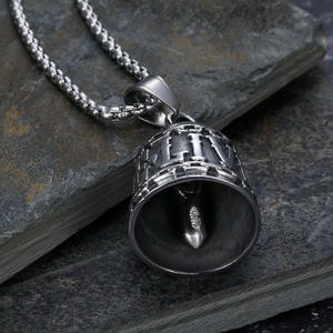 Vintage stainless steel guardian bell pendant with Live To Ride engraving on stone base
