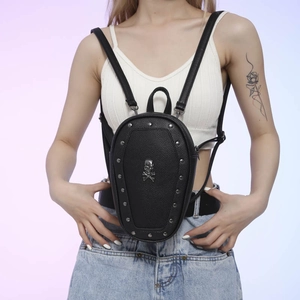Gothic coffin backpack in black litchi leather with skull and stud details for women