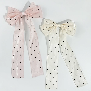 Elegant polka dot mesh bow hair clip set with long streamers in pink and cream white