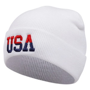 Detailed close-up of ribbed knit texture and USA embroidery on white beanie hat