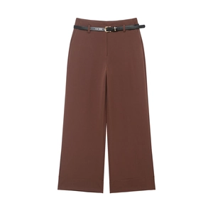 Damen Braune Hose mit weitem Bein, hoher Taille und schwarzem Ledergürtel mit Gold