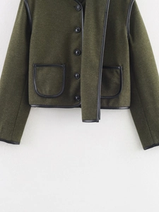 Detail of olive green wool jacket featuring black PU leather trim and single-breasted buttons