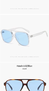 Dettaglio occhiali da sole aviator in tartaruga e montatura blu trasparente