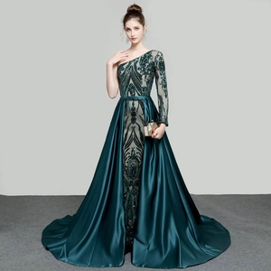 Dark green one-shoulder sequin evening gown with detachable train and thigh-high split
