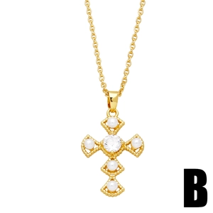 Elegant gold cross necklace with pearls and central sparkling rhinestone for women