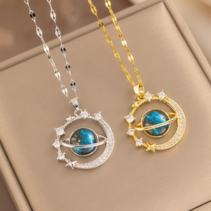 Titanium steel cosmic planet pendant necklace in gold and silver with blue star stone