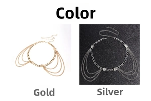 Detail of multi-layered gold and silver metal waist chains with elegant draped links