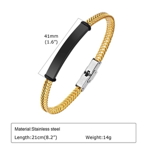 Detail view of 21cm gold braided chain bracelet with black matte rectangle plate