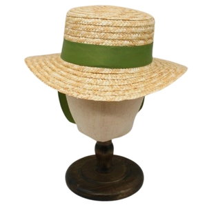 Women Boater Hat Natural Straw Flat Top Wide Brim Sun Protection Beach Holiday Elegance With Green Ribbon Bow