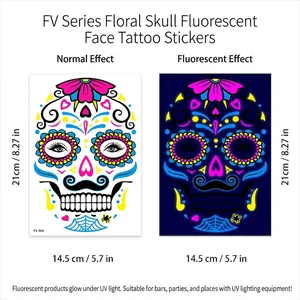 Macro view of FV-series sugar skull tattoo showing neon glow effects under UV light