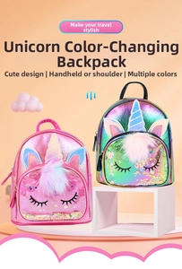 Detail of unicorn kids backpack with glitter sequins, embroidery and pom pom decor