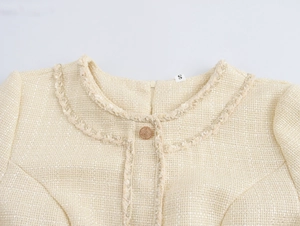 Detail of beige tweed dress showing fringe trim, gold button, and round neckline