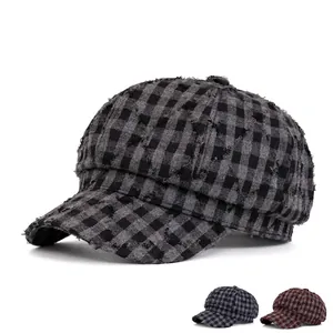 Japanese retro plaid newsboy hat for women with frayed edges in a classic vintage style