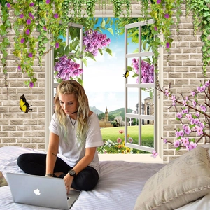 Detail view of 3D window view wall tapestry with brick wall texture and lilac flowers