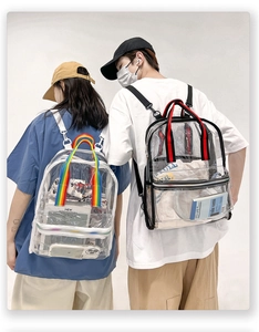 Lifestyle shot of transparent PVC backpacks featuring rainbow and bicolor woven handles