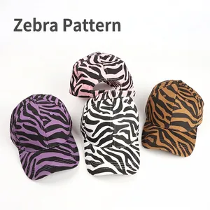 Classic six-panel baseball caps with zebra animal prints in multiple color variations