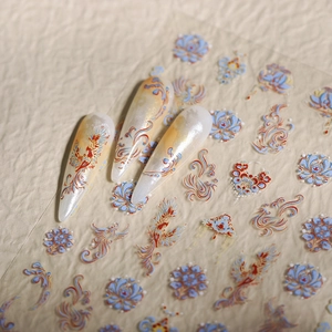 Frosted phoenix and floral nail art stickers with gold and vermilion traditional patterns