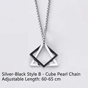 Detail of adjustable 60-65cm box chain with silver and black geometric diamond pendant