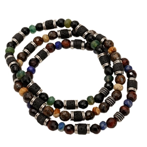 Set of three men's natural stone beaded bracelets with lapis, tiger eye, and lava stones