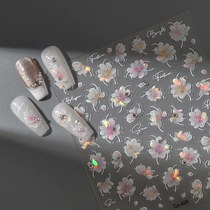 3D cherry blossom nail art stickers with embossed floral designs and rhinestones