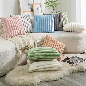 Faux Rabbit Fur Striped Plush Throw Pillow Cover Soft Solid Color Cushion Case For Sofa Bed Home Decor Modern Luxury