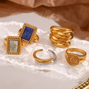 Vintage 18K gold plated stainless steel rings set with natural blue and green gemstones