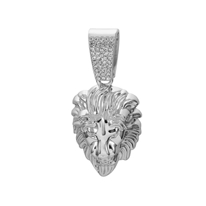 Detailed view of silver lion head pendant with crystal encrusted bail on white background