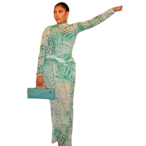 Slim fit green tie-dye long sleeve maxi dress with round neck and matching handbag