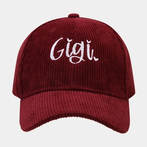 Classic burgundy corduroy baseball cap with white Gigi embroidery for women outdoors