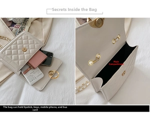 Detail view of cream quilted crossbody bag interior capacity with golden chain strap
