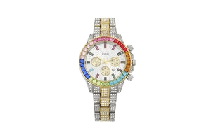 Dettaglio orologio al quarzo con pietre preziose arcobaleno e cinturino bicolore oro