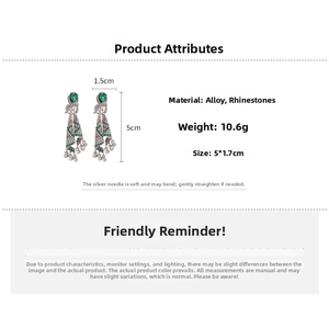 Detailed view of silver knot tassel earrings with green rhinestones and size measurements