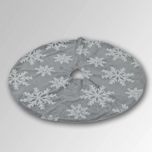 Top view of grey plush Christmas tree skirt featuring white 3D snowflake patterns