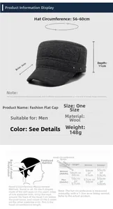 Detailed size chart for men's winter flat cap with 56-60cm circumference and measurements