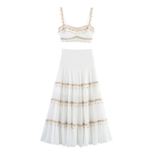 Bohemian Camisole And Tiered Maxi Skirt White Beach Vacation Shell Tassel Decor Smocked Waist Sexy Women Outfits