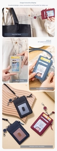 Detail of genuine leather multi-card ID holder with lanyard, retractable clip and zipper pocket