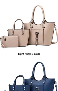 Detailed view of the three-piece PU leather handbag set with metal ring and rivets