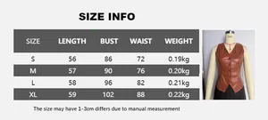 Detailed size chart for vintage brown PU leather vest showing length and bust dimensions