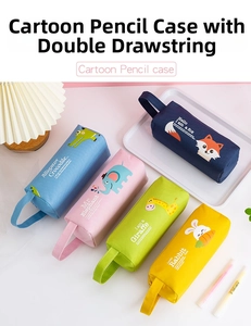 Detail view of colorful cartoon animal pencil cases with dual zippers and carry handles