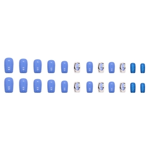 Deep sea blue glitter and butterfly square press-on nails set with 24 pieces