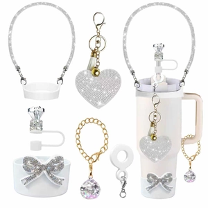 Sparkling white rhinestone Stanley cup accessory set with heart keychain and straw cover