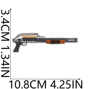 Macro view of shotgun embroidered patch with precise 10.8cm by 3.4cm size dimensions